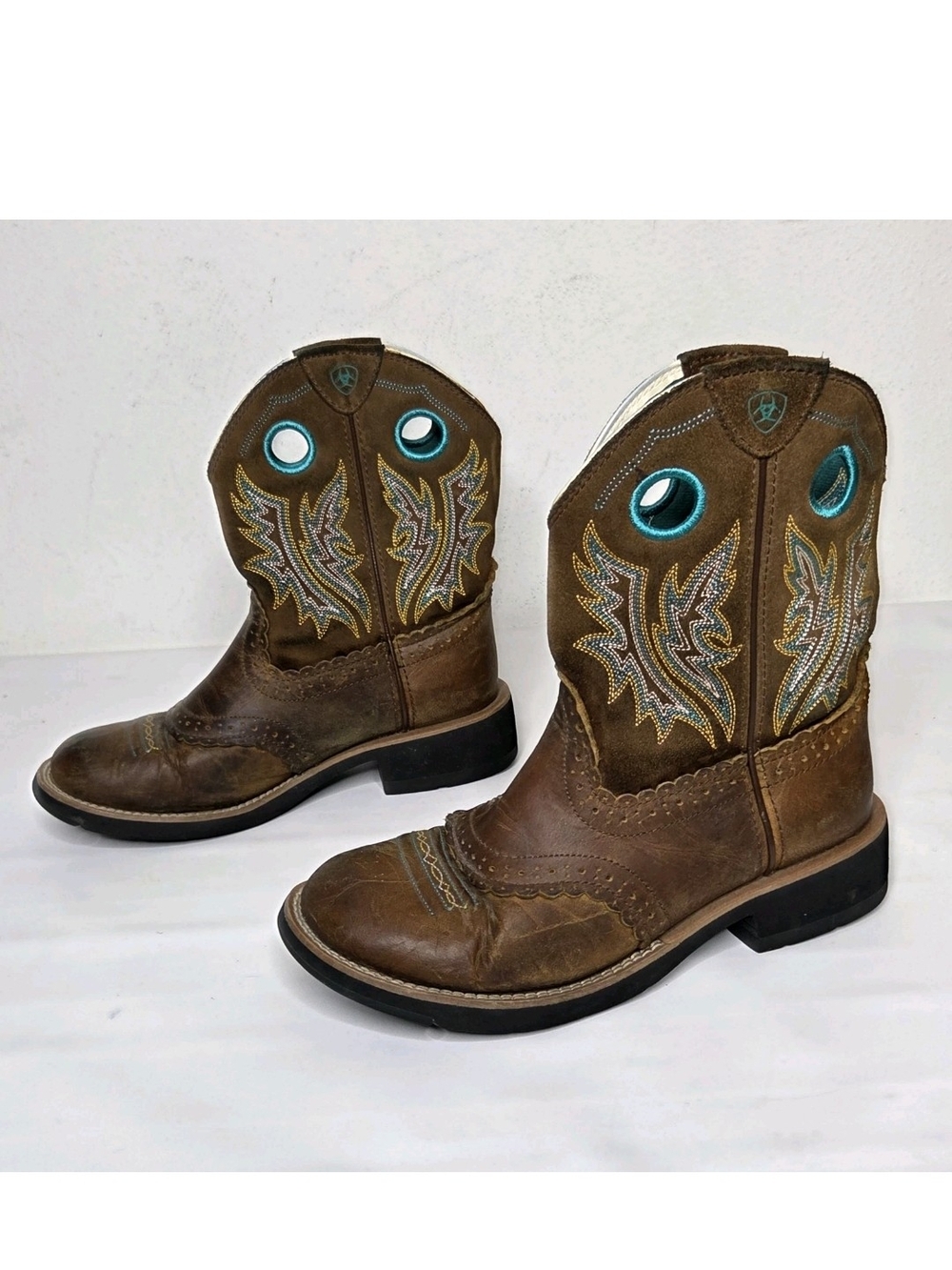 Ariat Fatbaby Sheila Western Boot 7.5B Brown Leather Teal Heritage Cowgirl Rodeo